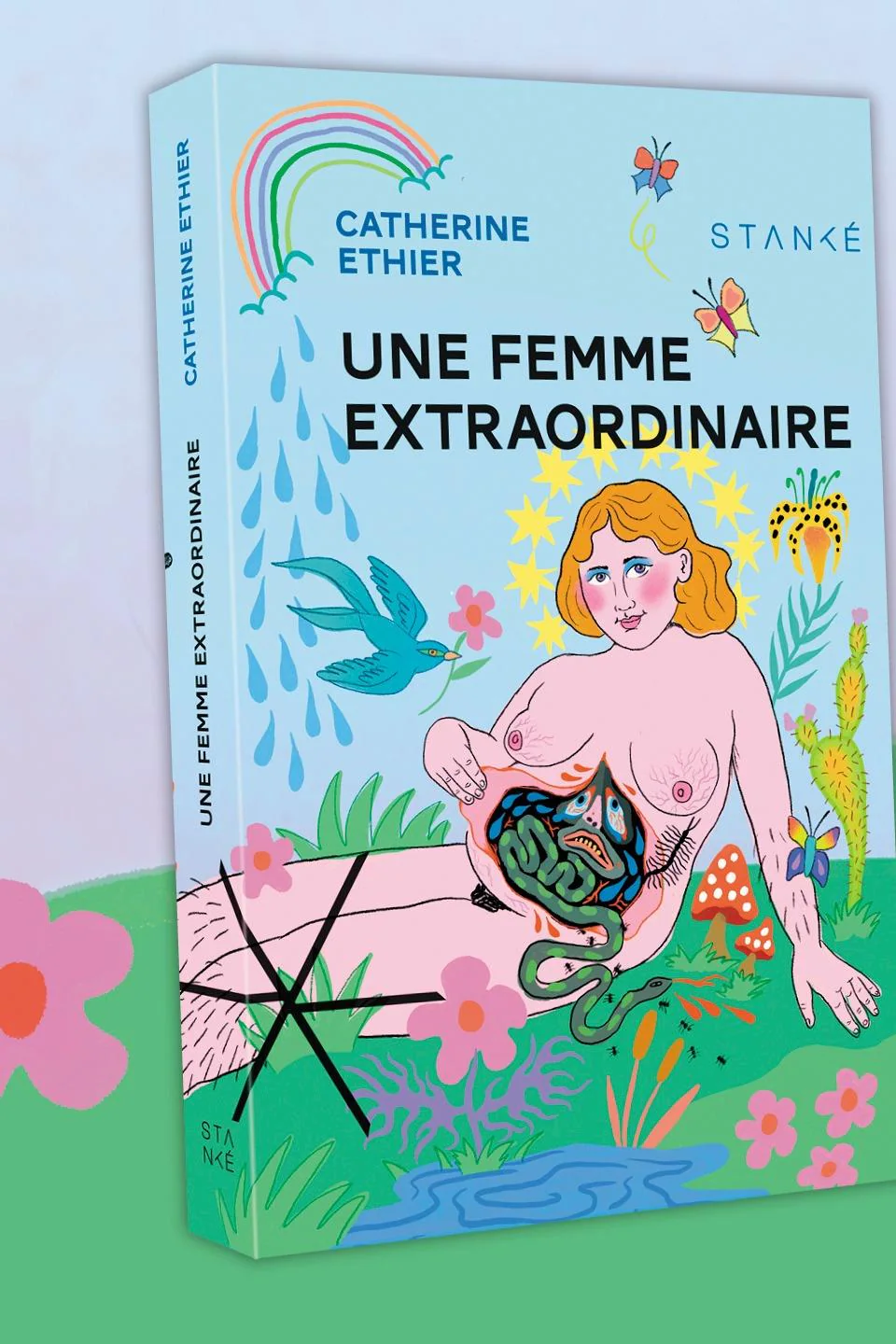 Couverture de livre montrant un dessin de femme au ventre ouvert