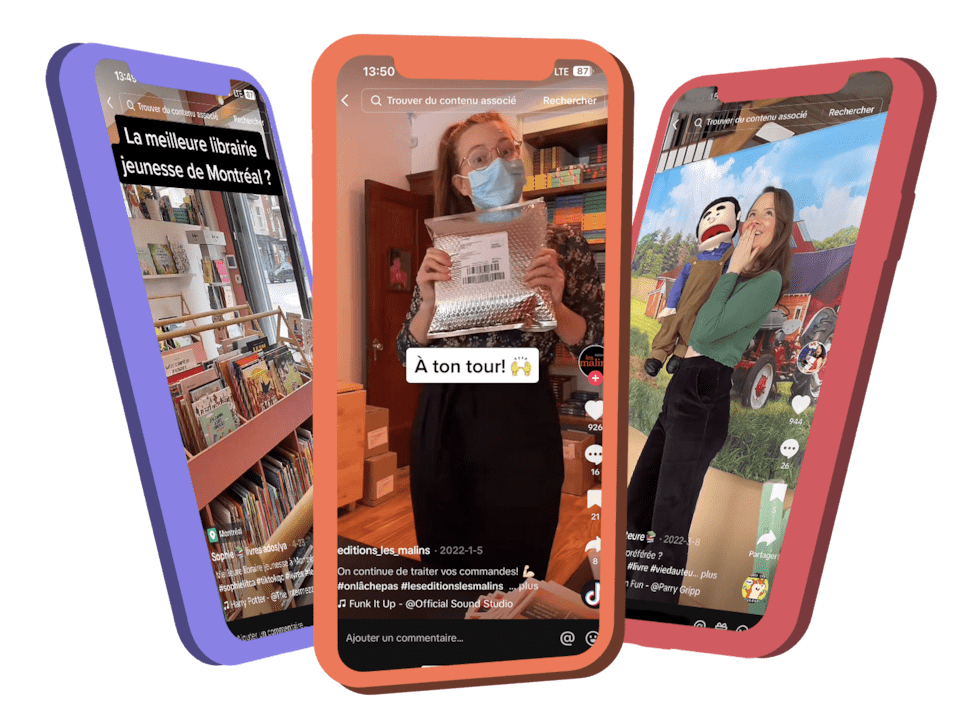 Des vidéos Tiktok sur trois téléphones cellulaires.