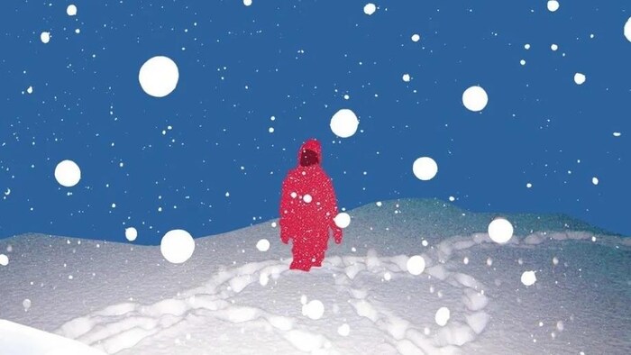 Couverture du livre montrant un dessin d'une personne marchant dans la neige avec des flocons à l'avant-plan.