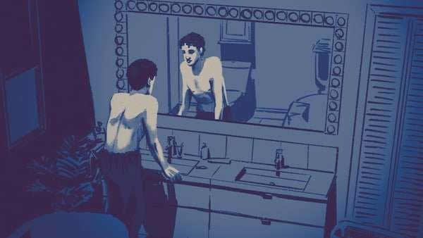 Illustration d'un homme qui se regarde devant un miroir.