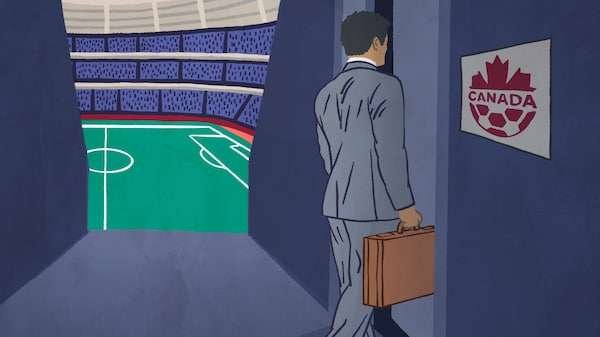 Illustration d'un homme qui entre dans une salle adjacente à un stade de soccer.