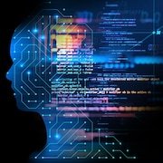 Concept de l'intelligence artificielle. Une silhouette humaine avec un design de circuit imprimé et des lignes de code qui flottent par-dessus.