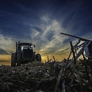 Un tracteur sur un champ sec.